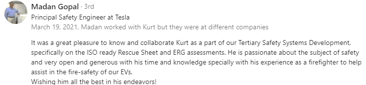 Aanbeveling op LinkedIn van Kurt door de hoofdveiligheidsingenieur van Tesla
